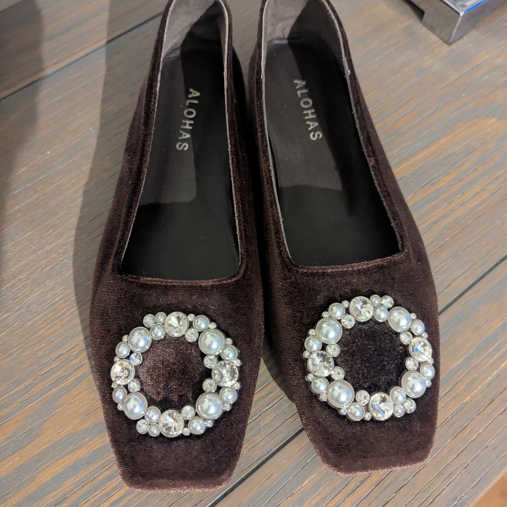 ALOHAS Velvet Flats with Crystal Embellishment - Dark Brown